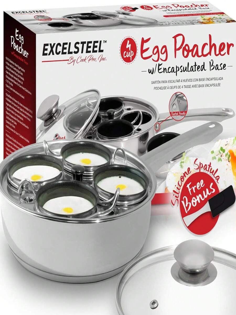 EXCELSTEEL Non Stick Easy Use Rust Resistant Home Kitchen Breakfast Brunch Induction Cooktop Egg Poacher, 4 Cups, 18/10 Stainless Steel - Bạc - Xem 1