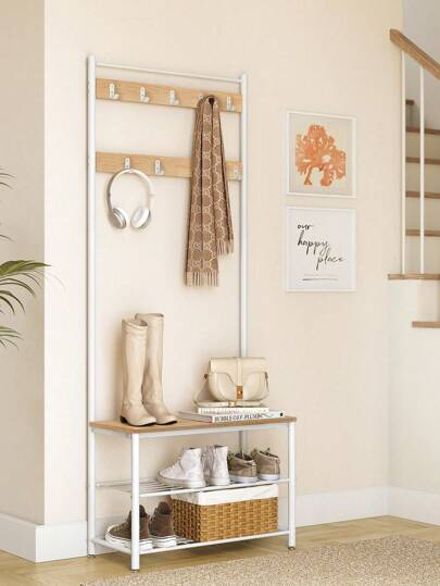  VASAGLE 3-In-1 Steel Frame Coat Rack With Shoe Shelf Hallway Modern Style Oak And Cream