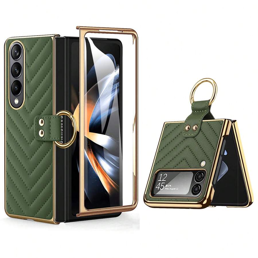 VIETAO Grüne Z Flip 6 5 4 3 Goldplattierter Ringhalter Echtes Leder Handyhülle, Kompatibel mit Samsung Galaxy Z Fold 6 5 4 3