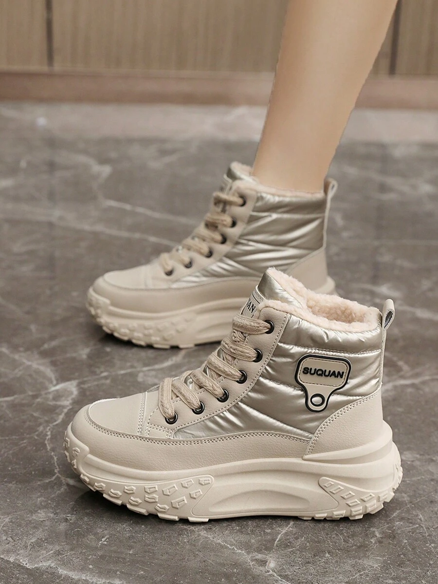 1 双女士休闲运动风格系带字母图案 PU 高帮户外滑板运动鞋，温暖舒适 - 米色 - 查看 1