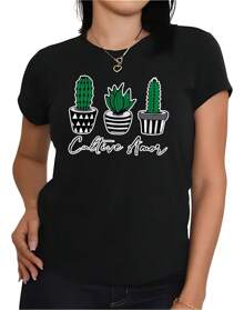 T-shirt blusa camiseta feminina estampa cactos nordestina Babylook 03 - Várias Estampas 005 - Preto - Visão 1