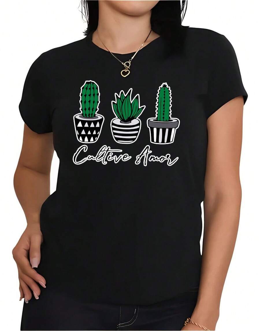 T-shirt blusa camiseta feminina estampa cactos nordestina Babylook 03 - Várias Estampas 005 - Preto - Visão 1