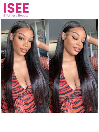 ISEE CABELO Liso 13x4 Transparente Lace Front Perucas Natural Preto Pré-arrancado Pré-cortado 180% Densidade 24-32 Polegadas Sedoso Linha do cabelo Natural Uso diário para iniciantes