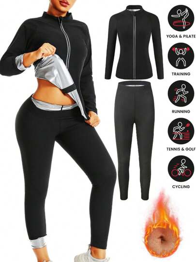 1 Set 2025 New Women Outdoor Running/Fitness Long Sleeve Top + Long Pants, Crop Top + Trousers, Tracksuit With Zipper, Sauna Sportswear For Weight Loss, Zipper Waist Training, Suitable For Autumn & Winter, Sweat Suit Top + Sweat Pants, Shapewear, Abdominal Control, Waist Tight Corset, Sauna Sportswear, Sauna Suit Gym Accessories