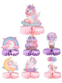 7件套独角兽彩虹风格蜂窝装饰品，独角兽主题节日生日派对房间背景装饰用品，闪亮生日派对用品，桌面装饰，圣诞节 - 水彩獨角獸 - 查看 7