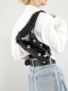 黑色复古 Babe 女士超大单肩包，蜡质软皮，铆钉装饰，新月造型，适合工作、休闲、旅行、斜挎包 - 黑色 - 查看 6