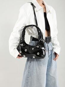 黑色复古 Babe 女士超大单肩包，蜡质软皮，铆钉装饰，新月造型，适合工作、休闲、旅行、斜挎包 - 黑色 - 查看 3