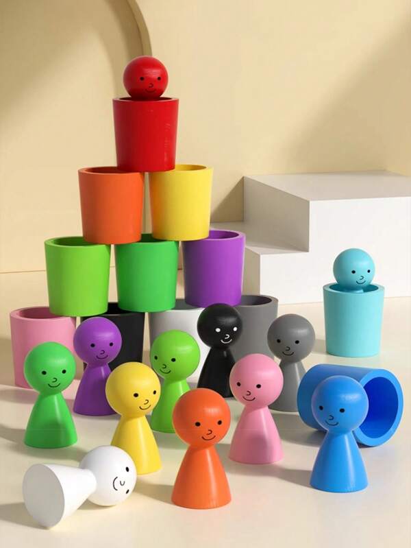 Juguete de madera, muñecas de clavijas en tazas, juguetes Montessori para niños de 3 años+, juegos de emparejamiento de madera preescolares para aprender clasificación de colores y contar