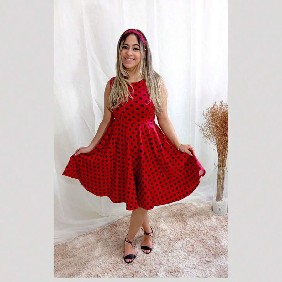 Polka Dot Tank Top Dress For Kids And Teens Girls, 80s, 90s Polka Dot - 紅色 - 查看 1