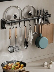 1 Stück wandmontiertes Küchenregal - stilvoller Geschirr-Abschlussregal mit Haken, ohne Löcher, platzsparendes Design, geeignet für Essstäbchen, Messer und so weiter - sehr geeignet für die Küche, Haushaltsbedarf