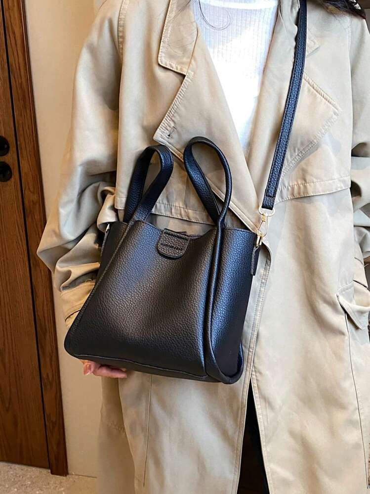 2点セット マザーバッグ&ショルダーバッグ プレーンカラートートバッグ クロスボディバッグ - ブラック - 見る 3