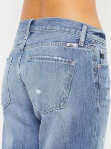 Women's Casual Straight Jeans Street Mid-Waisted Distressed Boyfriend Denim Pants Light Wash Ripped Details Rolled Hem Relaxed Fit Perfect For Spring/Summer/Fall Everyday Wear - 淺色水洗藍 - 查看 5