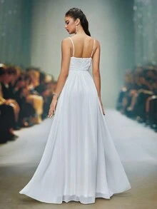 Spaghetti Strap V-Neck Embroidery Sequin Patchwork Chiffon Maxi Wedding Dress,Bride - White - View 2