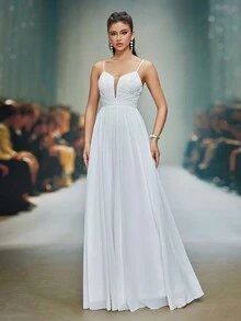 Spaghetti Strap V-Neck Embroidery Sequin Patchwork Chiffon Maxi Wedding Dress,Bride - White - View 6