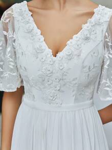 V-Neck Lace Applique Floral Patchwork Chiffon Pleated Wedding Dress,Bride - White - View 5