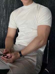 Men's T-Shirt Solid Turtleneck Neck Knitted Tops - Blanco - Ver 4
