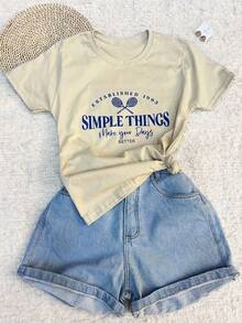 Women's T-Shirt Blouse Short Sleeve 100% Cotton With Print - Màu be - Xem 5