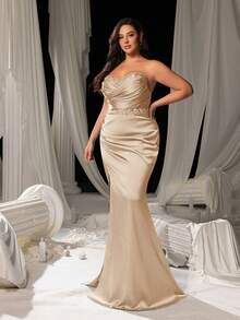 Faeriesty Kurvenreiches Große Größen Damen trägerloses Abendkleid mit hohem Schlitz und Fischschwanz, rückenfreie Schleife, abnehmbarer Schleppe - Formelles Bankettkleid, Hochzeitsfotografie, Roter Teppich Event, Brautporträt, Festkleid für große Feierlichkeiten Frühling Elegant - Champagnerfarben - Übersicht 4