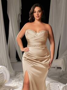 Faeriesty Kurvenreiches Große Größen Damen trägerloses Abendkleid mit hohem Schlitz und Fischschwanz, rückenfreie Schleife, abnehmbarer Schleppe - Formelles Bankettkleid, Hochzeitsfotografie, Roter Teppich Event, Brautporträt, Festkleid für große Feierlichkeiten Frühling Elegant - Champagnerfarben - Übersicht 6