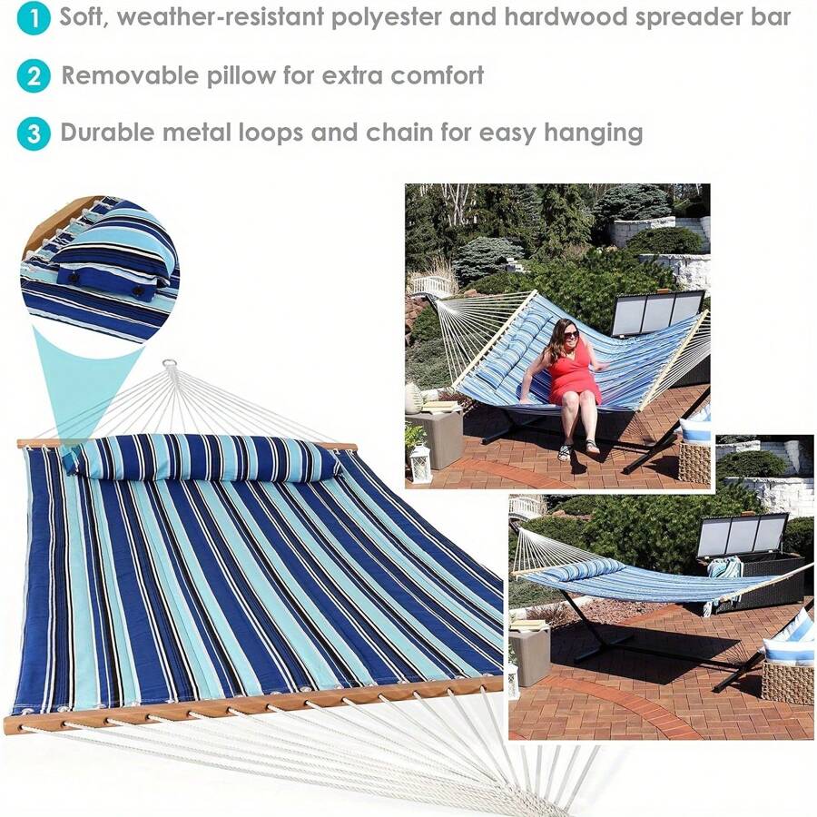 Outdoor Quilted Fabric Hammock TwoPerson With Spreader Bars Heavy
