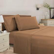 Mocassi 4 Piece 3 Line Embroidered Egyptian Quality Super Soft Wrinkle Resistant 1500 Series Sheet Set (Light Colors)