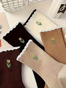 5 Đôi Tất Họa Tiết Hoa Tulip Đơn Giản - Tất Ống Giữa Thoáng Khí Thoải Mái - Tất Nữ Và Tất Mùa Thu Đông - Nhiều màu - Xem 1