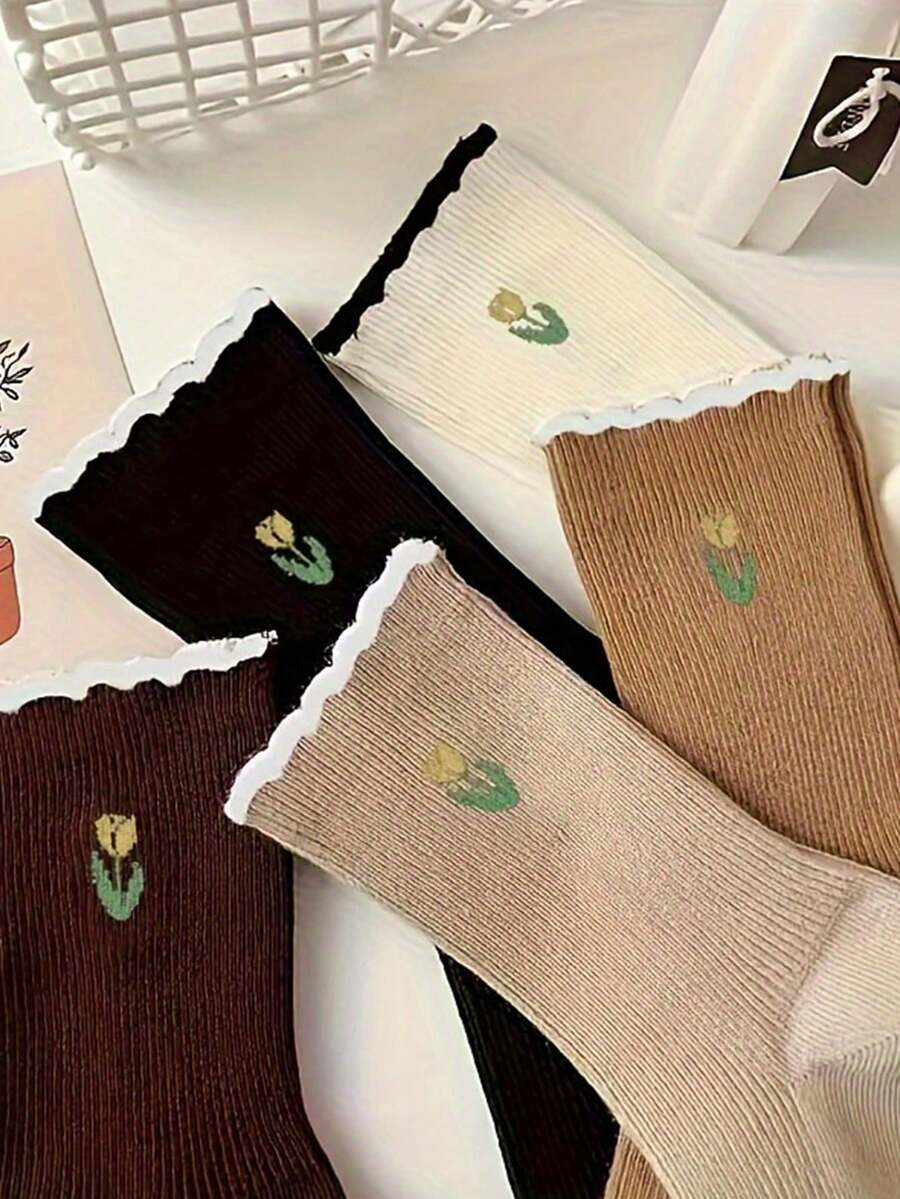 5 Đôi Tất Họa Tiết Hoa Tulip Đơn Giản - Tất Ống Giữa Thoáng Khí Thoải Mái - Tất Nữ Và Tất Mùa Thu Đông - Nhiều màu - Xem 1