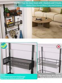 使用这款门上毛巾架整理您的家 - 9 个挂钩和 2 个篮子，易于安装，无需螺丝（圣诞装饰）房间装饰 - 黑色 - 查看 6