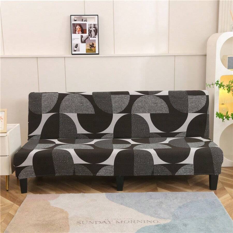 1pc Semi-Circle Geometric Pattern Sofa/Bed Cover, Stretchy Polyester Fabric Slipcover, Suitable For Armless Sofa, All Season Use - black and white gray - View 1