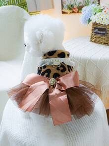 1pc Pet Clothes Dog Cat Apparel Autumn/Winter New Warm Leopard Print Tulle Wedding Dress - Brown - View 2