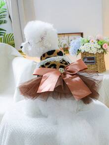 1pc Pet Clothes Dog Cat Apparel Autumn/Winter New Warm Leopard Print Tulle Wedding Dress - Brown - View 3