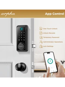 Arpha Fingerprint Door Lock, Keyless Entry Door Lock Deadbolt With 50 Biometric Fingerprints, 50 User Codes, App Control, Keypad, Auto Lock, IP54 Waterproof, Easy Installation Smart Lock