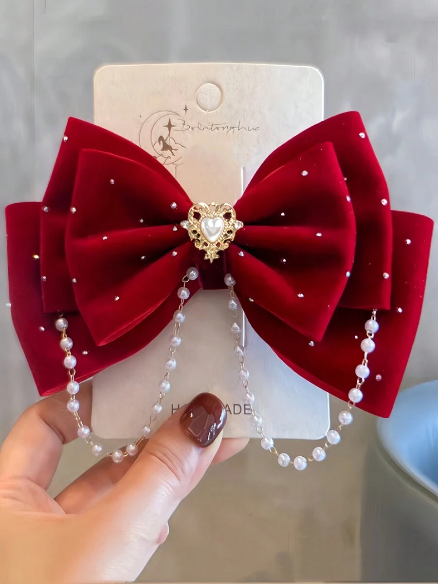 1pc Girls Fashionable Crystal And Pearl Embellished Butterfly Decorated Hair Clip, No Card Packaging - Burgundy - View 1