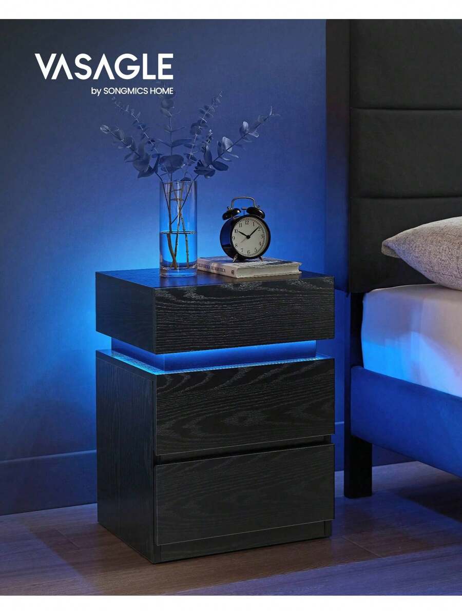 VASAGLE Bedside Table With LED Lights, Adjustable Light Colours, 3 Drawers, Side Table, Modern Style, Ebony Black - Black - View 1