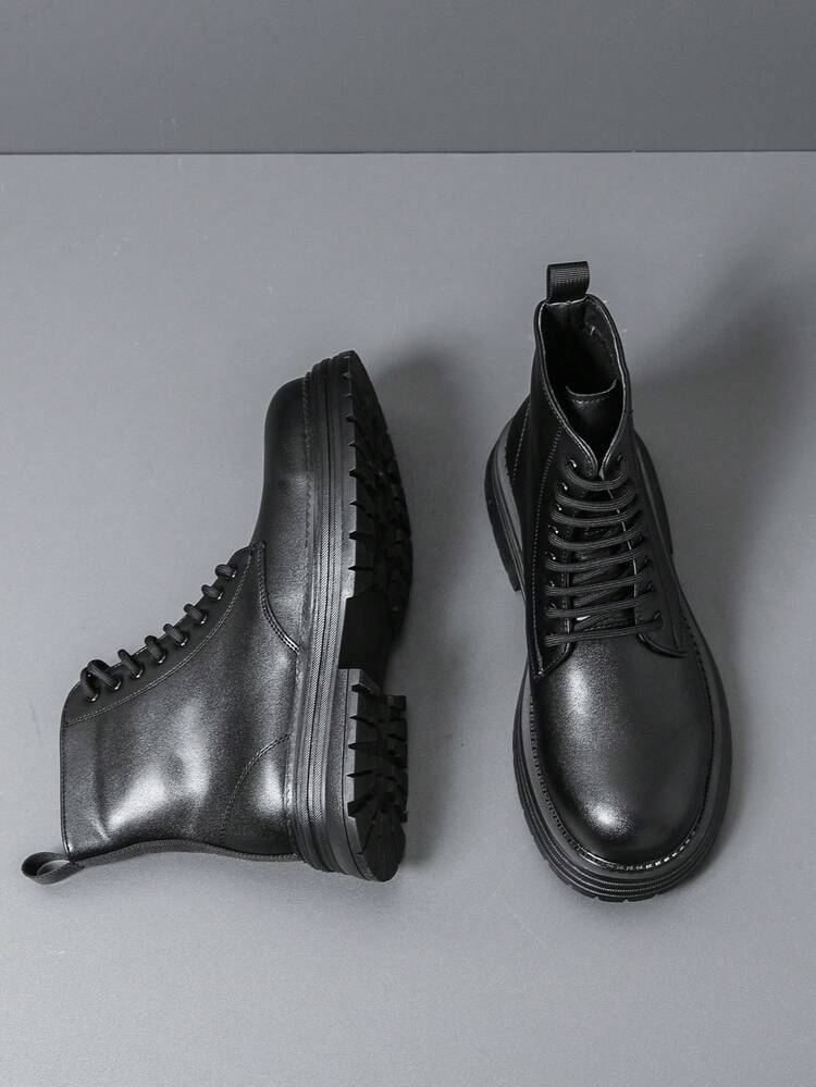 高帮简约系带摩托车靴，百搭男女情侣踝靴 - 黑色 - 查看 6