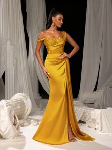 Faeriesty Women Elegant Elegant Sophisticated Satin Asymmetric Maxi Dress With Sparkly Sequin-Embellished Shoulder & Fish-Tailed High-Waisted Slit | Dramatic Evening Look For Galas, Parties Or Luxury Events New Year Outfit,Summer Holiday Outfits - Yellow - View 7