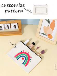 1 chiếc ví vải canvas in hình chân dung logo họa tiết tùy chỉnh, túi đựng bút văn phòng phẩm có khóa kéo in nhiều màu, chìa khóa đựng thẻ căn cước son môi, phong cách Boho - Màu be - Xem 1
