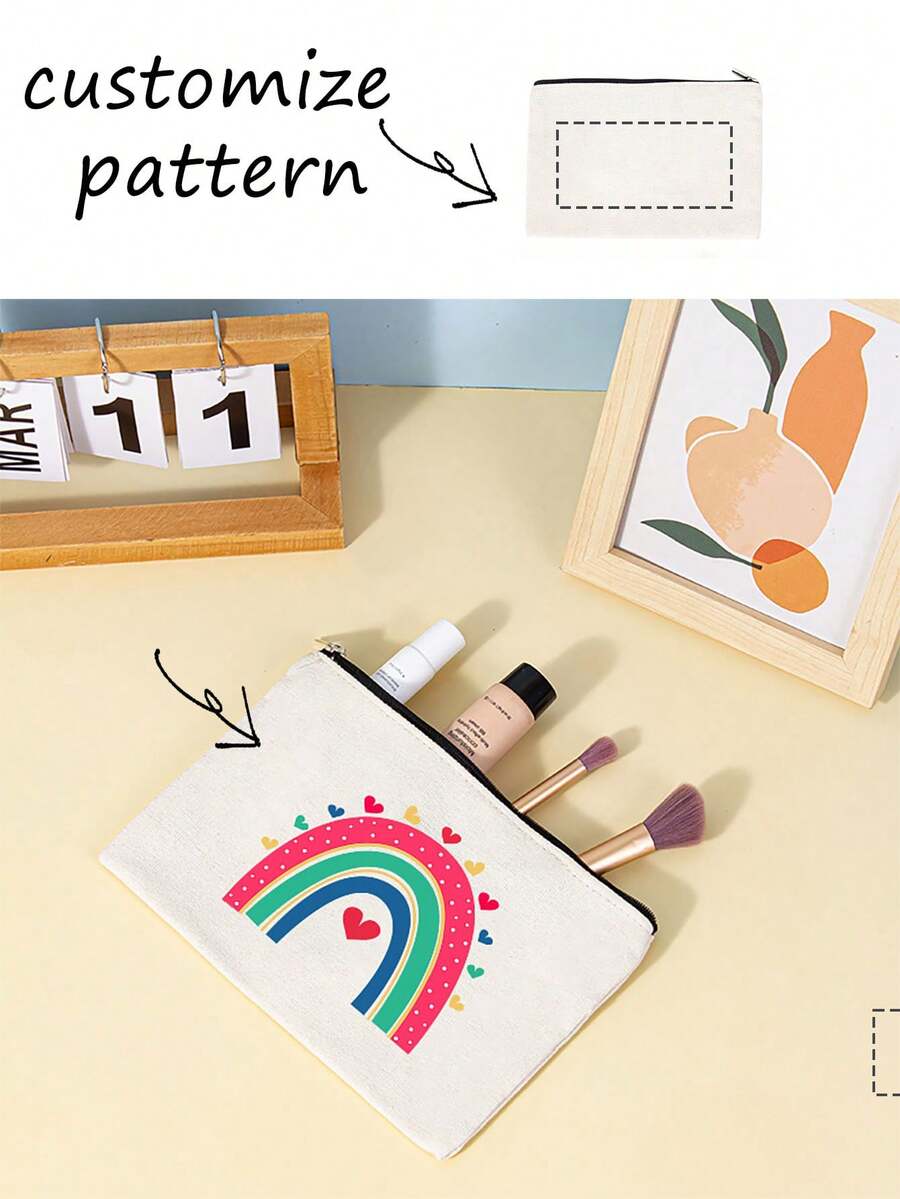 1 chiếc ví vải canvas in hình chân dung logo họa tiết tùy chỉnh, túi đựng bút văn phòng phẩm có khóa kéo in nhiều màu, chìa khóa đựng thẻ căn cước son môi, phong cách Boho - Màu be - Xem 1