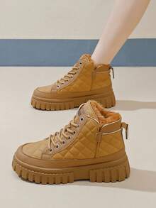 女士冬季靴子厚底保暖内衬雪地靴 2024 新款休闲高帮保暖内衬厚底靴，黄色、棕色机车风格，白色、黑色皮革短踝靴 - 卡其色 - 查看 5