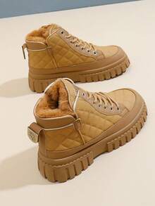 女士冬季靴子厚底保暖内衬雪地靴 2024 新款休闲高帮保暖内衬厚底靴，黄色、棕色机车风格，白色、黑色皮革短踝靴 - 卡其色 - 查看 2