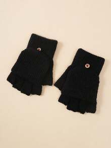 1pair Unisex Youth/Teen Solid Color Half Finger Flip Top Knitted Gloves, Warm Winter Accessory - 1Pair - View 2