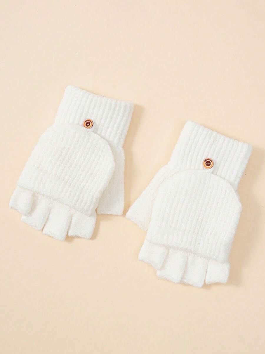 1pair Unisex Youth/Teen Solid Color Half Finger Flip Top Knitted Gloves, Warm Winter Accessory - 1Pair - View 1
