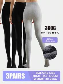 3 Pair Fleece Lined Leggings Women Opaque  Winter Thermal Sheer Tights Hosiery High Waisted Pantyhose - 黑色兩對+淺灰色一對 - 查看 1