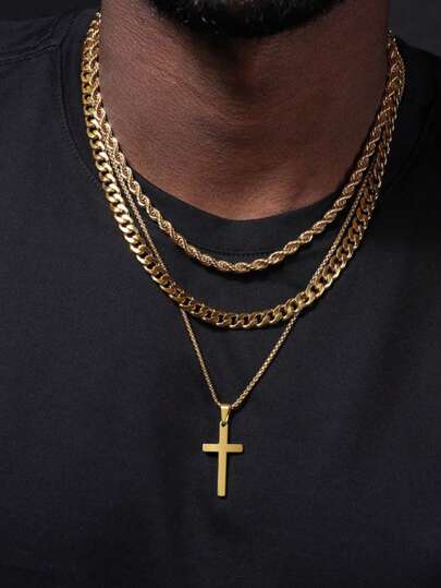 1/3pcs Simple Stainless Steel Cross Chain Necklace, Unisex Casual Vacation/Date/Birthday Gift, Daily Wear, Gift For Friends, Father, Boyfriend