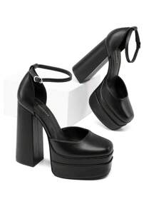 Women Platform High Chunky Block Heels Pumps Square Closed Toe Ankle Strap Solid Color Wedding Party Prom Festival Shoes - màu đen - Xem 6
