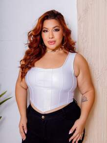 PLUS SIZE Cropped Leatherette Tank Top CORSELET/CORSET With Satin Strap Elegant Sexy - 白色 - 查看 1
