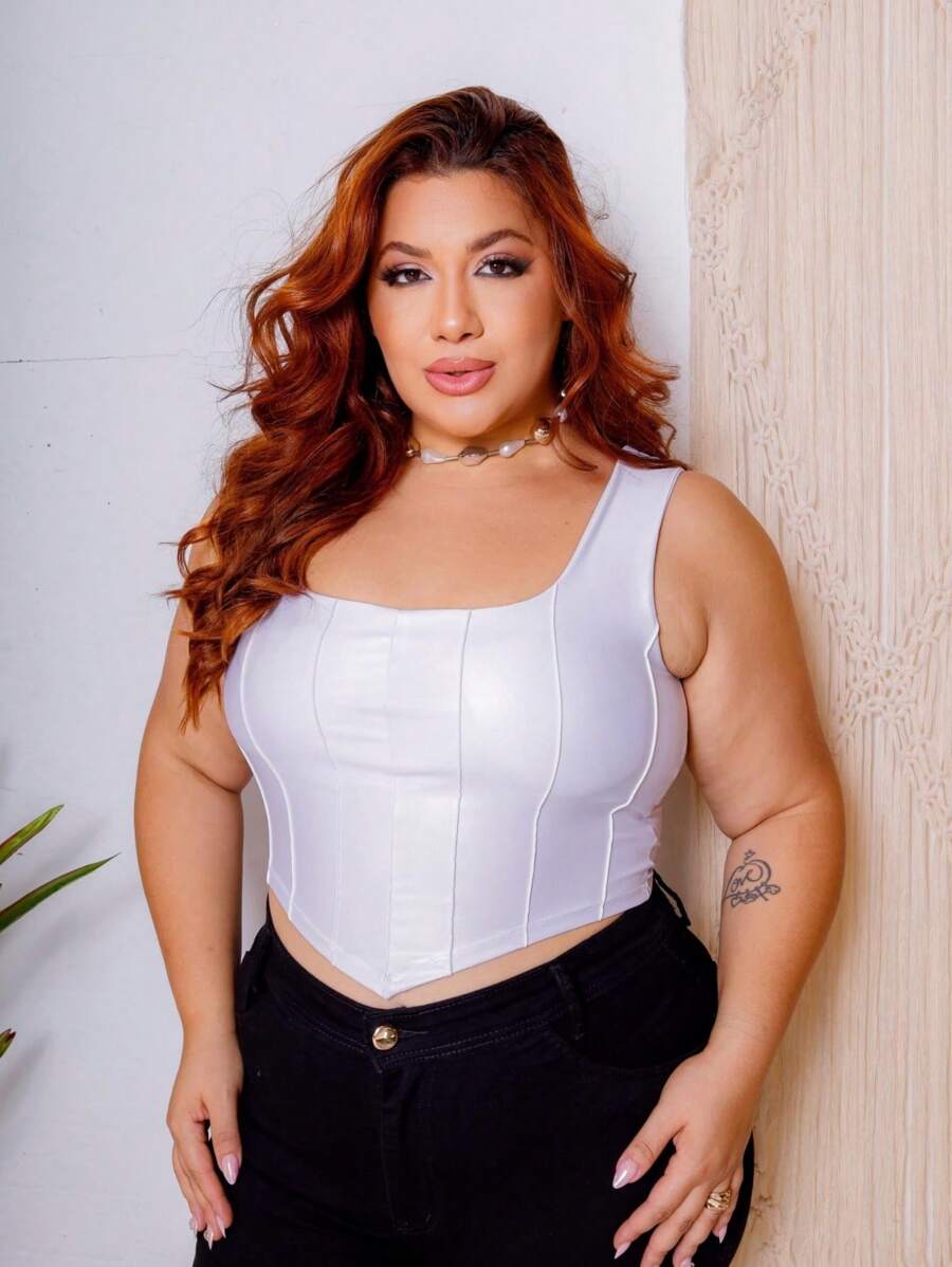 PLUS SIZE Cropped Leatherette Tank Top CORSELET/CORSET With Satin Strap Elegant Sexy - 白色 - 查看 1