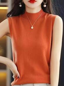 New Women's Knitted Undershirt Female Spring And Summer Slim Ladies Short Solid Color Versatile Half-High Neck Bottoming Sleeveless Tops - 深橙色 - 查看 5