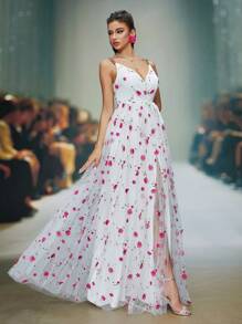 Vestido de novia nuevo de Anpoket con escote en V, deslizante y delicado, con bordado de encaje floral 3D, con cordón de atar y abertura alta en la línea A