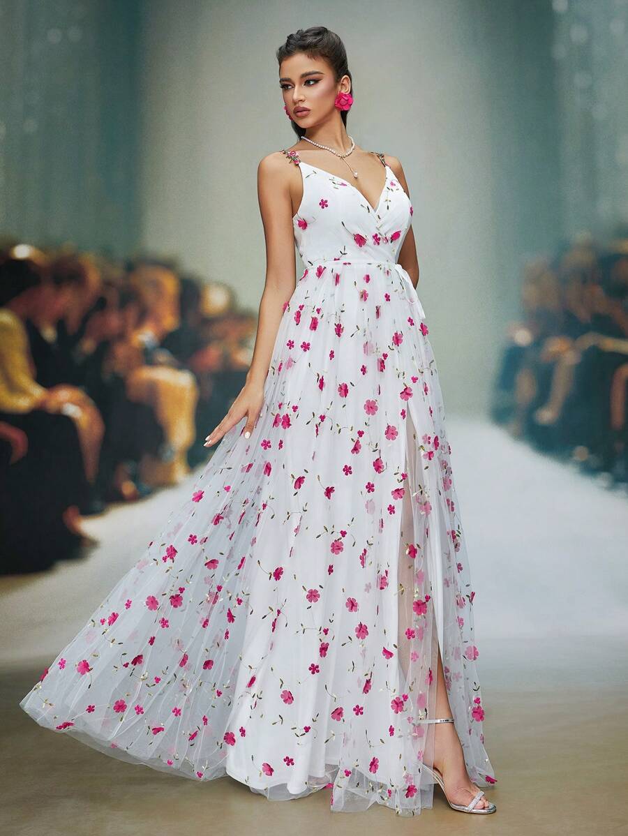 Vestido de novia nuevo de Anpoket con escote en V, deslizante y delicado, con bordado de encaje floral 3D, con cordón de atar y abertura alta en la línea A